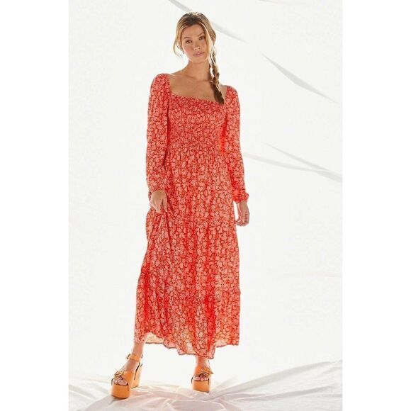 NEW ANTHROPOLOGIE X DOLAN Sz M PRINTED SMOCKED MIDI DRESS RED MOTIF - Picture 1 of 3